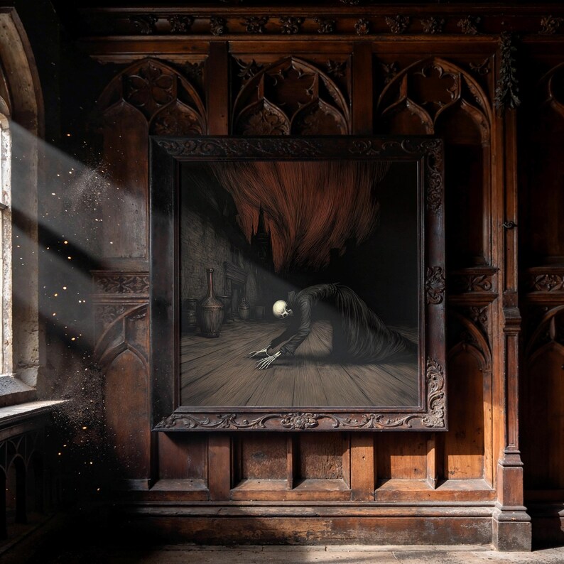May include: A framed artwork depicting a skeletal figure in a dark setting. The figure is kneeling on a wooden floor, with a skull for a head and long, flowing robes. The artwork is framed in a dark, ornate wooden frame.