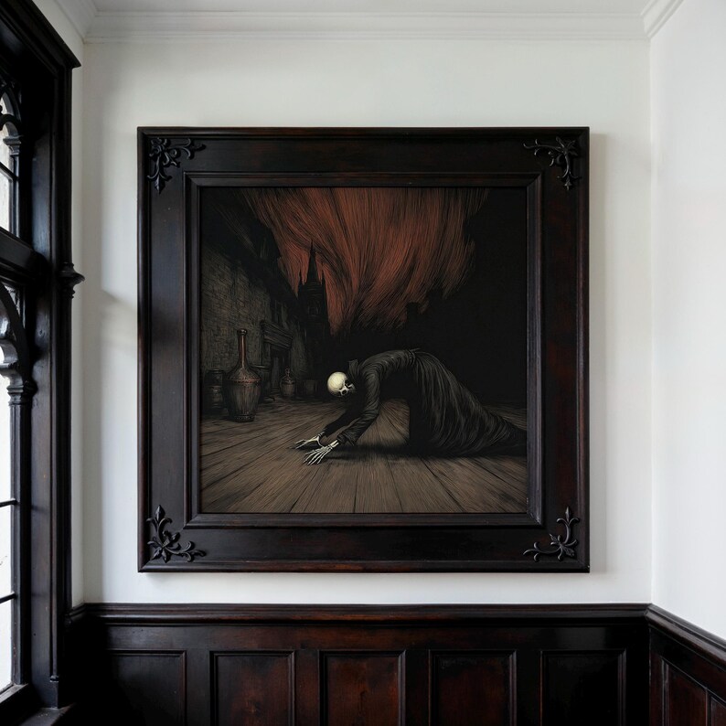 May include: A framed artwork depicting a dark, gothic scene. The image features a figure with a skeletal head and hands, kneeling on a wooden floor. The background includes a dark interior with a red, ominous curtain and a building silhouette.