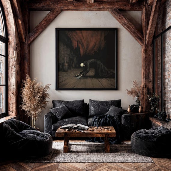 Burning Ceiling Skeleton Figure: Gothic Macabre Wall Art Print