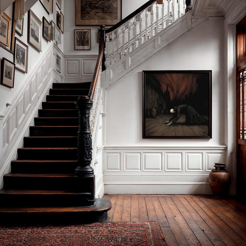 May include: An interior shot of a grand staircase with dark wood steps and a white banister. The walls are white, adorned with framed artwork. A large painting hangs on the wall, and a patterned rug lies on the wooden floor.