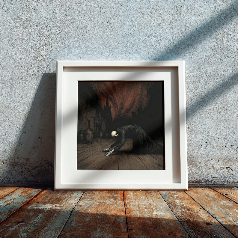 May include: A framed print featuring a dark, gothic illustration. The artwork depicts a figure with a skeletal head and long, dark robes, kneeling on a wooden floor. The background shows a cavernous space with bottles and a red, textured element.
