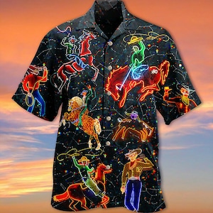 Neon Cowboy Hawaiian Shirt Western Art, Retro Rodeo Aloha Button Down Shirt, Cowboy Nightlife Hawaiian Shirt, Unisex Hawaiian Shirt