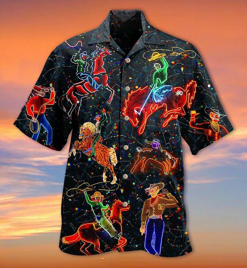 Neon Rodeo Shirt Design Neon Cowboy Hawaiian Shirt Western Art, Retro Rodeo Aloha Button Down ...