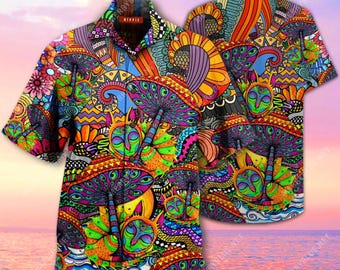 Hippie buntes Shirt, Psychedelische Button Up Shirt, Fettdruck Shirt, Sommer Ferien Shirt, Funky Muster Shirt, Lässiges Strand Shirt