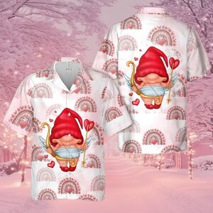May include: White button-up shirt with a repeating pattern of pink rainbows and gnome cupids. The cupid gnomes wear red hats and hold bows and arrows. The shirt is short-sleeved and features a collar.