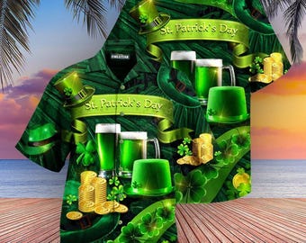 St Patrick’s Day Hawaiian Shirt Green Beer Shamrock Aloha Shirt Irish Festival Button Up Unisex Holiday Shirt