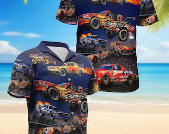 Monster Truck Racing Hawaiian Shirt, Off Road Racing Truck Aloha Shirt, Motorsports Summer Button Up, Gift for Truck Lovers