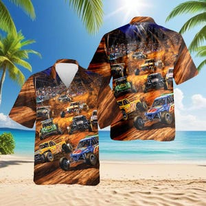 May include: Short-sleeved button-down shirt featuring a vibrant print of off-road race cars speeding on a dirt track. The design includes various colored vehicles, a crowd, and a blue sky, set against a beach backdrop.