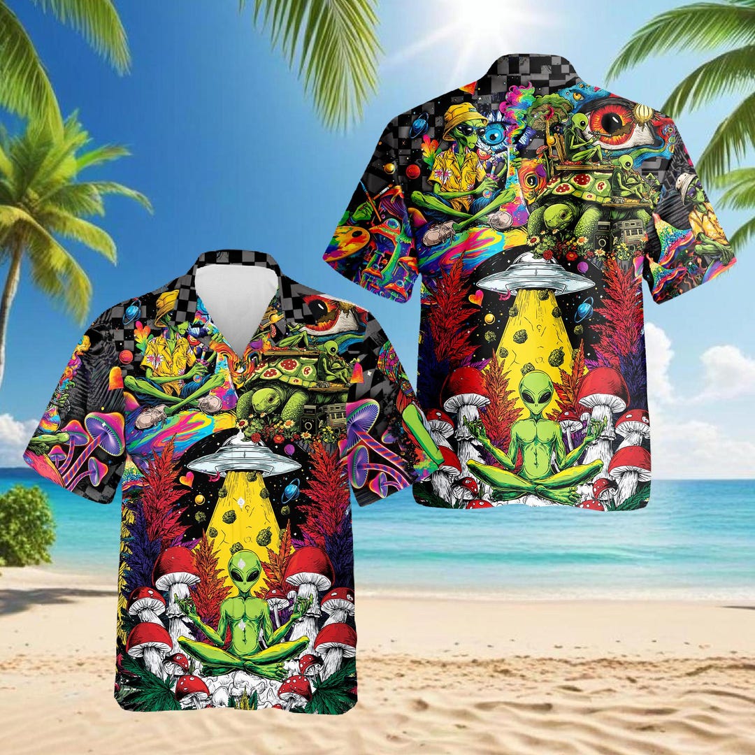 Psychedelic Alien Mushroom Hawaiian Shirt, Trippy UFO Space Art Aloha ...