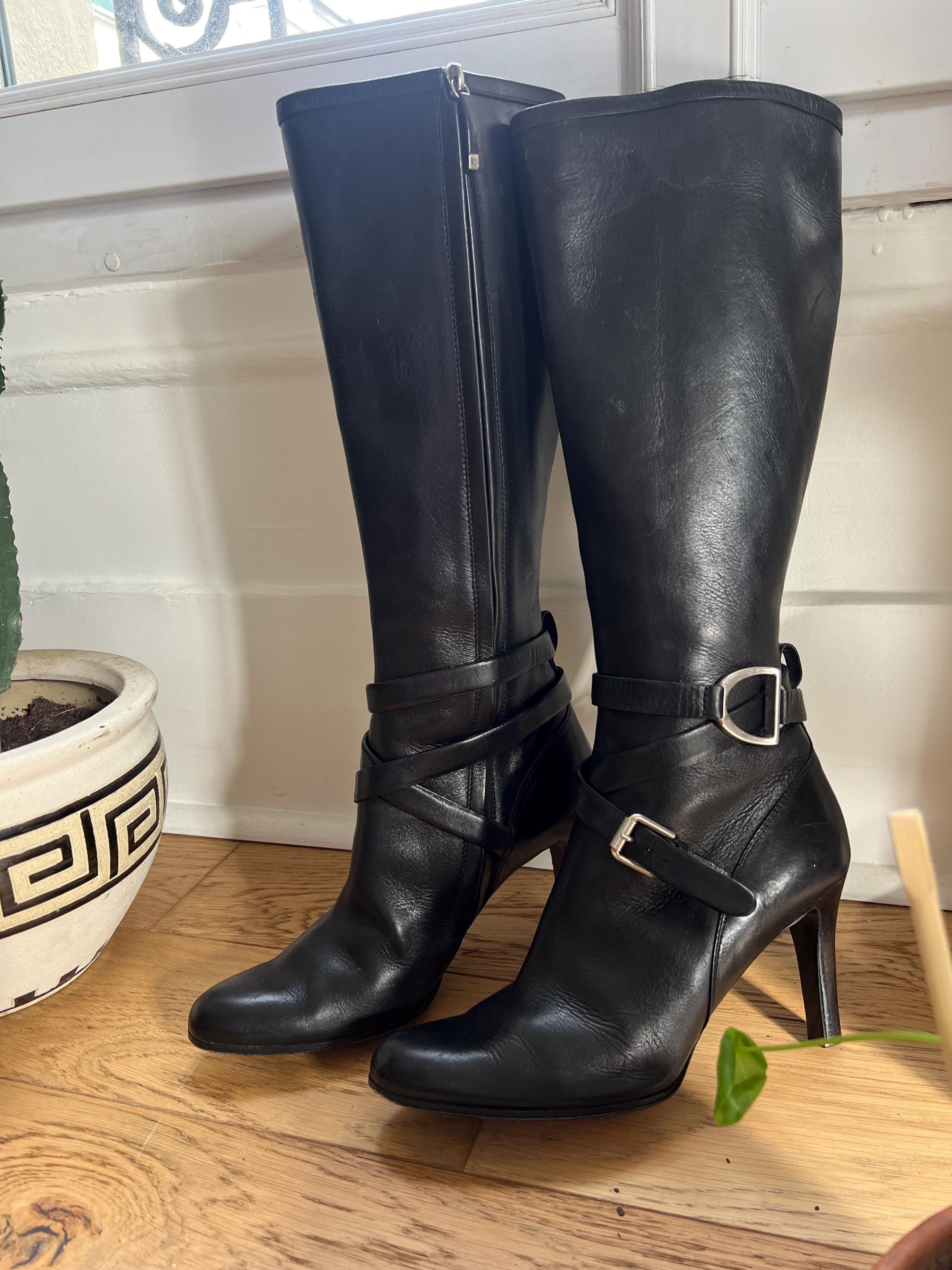 Bottes Cuir Noir Vincent Chéré Vintage Taille 42 - Bottes Hautes Femme à Talon Moyen, Occasion
