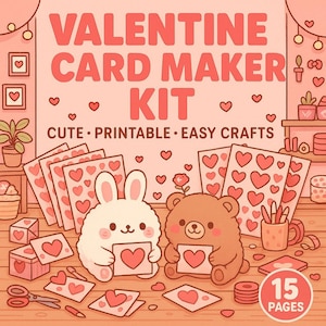 May include: A Valentine Card Maker Kit with the text "Valentine Card Maker Kit" and "Cute Printable Easy Crafts". The image features a white bunny and a brown bear holding cards with hearts. The kit includes 15 pages of craft materials.