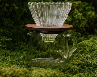 Set per macchina da caffè in vetro con filtro – Caffettiera da 300 ml con supporto in legno e gocciolatoio a V / Elegante kit per la preparazione manuale