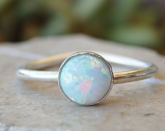 Minimalist White Opal Sterling Silver Ring, October Birthstone