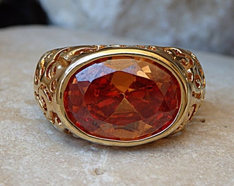 Anneau rempli d’or, anneau de pierre gemme de mandarine, anneau orange de pierre, anneau de filigrane d’or, anneau ovale de pierre gemme, anneau de pierre de grandes femmes pour elle