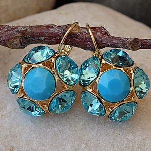 Turquoise Halo Earrings, Gold  Crystal Earrings, Flower Earrings, Blue Crystal Drop Earrings, Turquoise Drop Earrings for Women