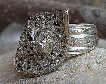 May include: A silver ring with a textured band and a detailed, black-stone encrusted top. The ring is sitting on a rough, gray surface.