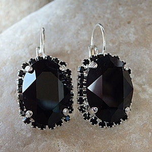 Silver black diamond drop earrings,  crystal earrings, Silver Crystal earrings, Black stone drop earrings, Black  earrings