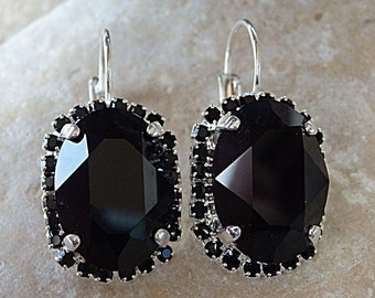 Silver Black Crystal Drop Earrings, Women's Gift
