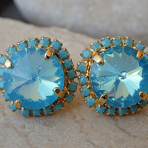 Turquoise Stud Earrings, Blue  Stud Earrings, Blue Bridal Earrings, Light Blue Crystal Earrings. Bridesmaid Jewelry Gift. For Bride