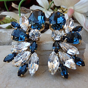 Navy blue wedding earrings. Midnight blue jewelry. Feminine earrings. Blue bridal earrings. Sparkling earrings.Blue white earrings image 1