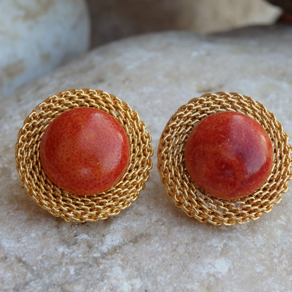 Mineral natural gemstone jewelry.Gold and  red coral stud earrings.Vintage style jewelry. Jewelry set for women. Rose coral natural earrings