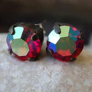 Tiny red stud earrings. AB red  crystal stud earrings. Small red post earrings. Halo post earrings. Red posts. minimalist earrings