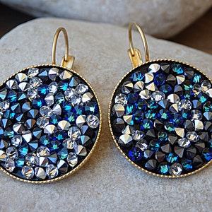 Crystal Rock Earrings. Rounded Drop Earrings. Blue and White Glitter  Stones Earrings. Rhinestone Disk Earrings. Women Jewelry Gift for Her