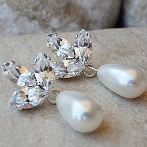 Bridal Pearl Earrings, White Pearl Earrings for Bride Pearl Wedding Jewelry, Pearl Stud Dangle Earrings, Bridal Jewelry Gift for Bridesmaid image 1