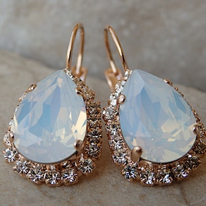 White Opal Earrings, Drop-Shaped Earrings, Rose Gold Crystal Jewelry, Deep White Gold Lever Back Earrings. Women's Earrings Gift. image 1