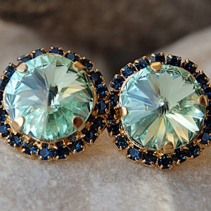 Mint Stud Earrings, Mint and Blue  Stud Earrings, Green Earrings, Mint Crystal Earrings, Mint Earrings, Bridesmade Jewelry Gift