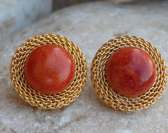 Mineral natural gemstone jewelry.Gold and  red coral stud earrings.Vintage style jewelry. Jewelry set for women. Rose coral natural earrings