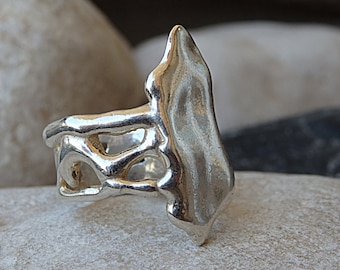 Abstract Sterling Silver Wide Band Ring, Asymmetric Boho Jewelry