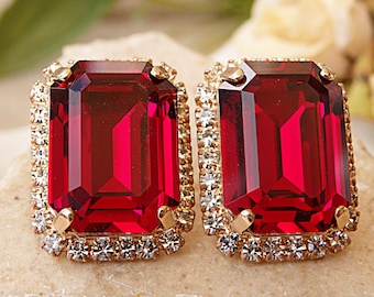 Ruby earrings. Red stud earrings. Big stud earrings. Rhinestone stud earrings. Ruby crystal  earrings. Estate jewelry, Women gift