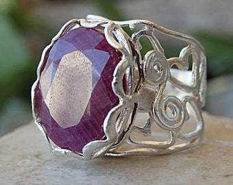 Large Ruby Sterling Silver Ring: Filigree Boho Statement Jewelry