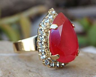Red Crystal Ring, Gold Plated Rhinestone Cocktail Ring, Adjustable