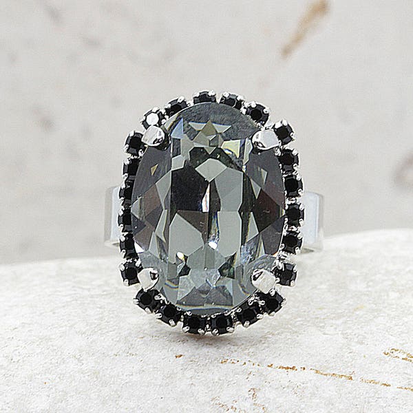 SILVER GREY RING,  Crystal Ring, Grey Jewelry Set, Wedding Ring, Bridal Ring, Black Diamond Crystal Ring, Adjustable woman Ring, Wedding Set
