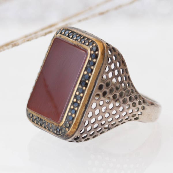 LACE RING, Men Signet Ring, Signet Ring For Him, Carnelian Ring, Real Gemstone Ring, Black Zirconia Ring, Burgundy Red Ring, Statement Ring,