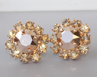 Rose Gold Crystal Stud Earrings, Vintage Bridal Style