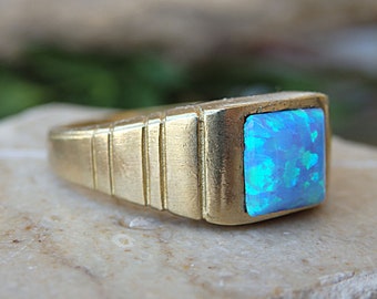 Gold Signet Ring, Square Opal Signet Ring, Fire Opal Ring, Blue Opal Signet Ring, Square Goldfilled Gemstone Ring, Men Women Signet Ring