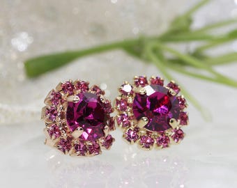 FUCHSIA PINK EARRINGS,  Earrings, Gift For Her, Bridal Earrings, Hot Pink Earrings, Rhinestone Earrings, Gold And Pink,Pink Wedding