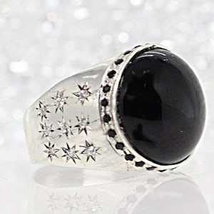 Black Onyx Signet Ring, 925 Sterling Silver Ring, Black Gemstone Ring, Black Signet Ring, Chunky Signet Ring, Large Signet Ring With Zircons