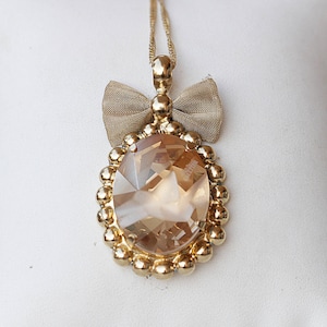 GOLD CHAMPAGNE NECKLACE, Big Crystal Pendant,   Necklace, Bridal Necklace,High Fashion Jewelry, Gold Statement Pendant,Bow Necklace