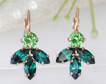 GREEN LEVERBACK EARRINGS,  Earrings, Emerald Crystal Earrings, Bride Earrings, Wedding Jewelry, Rhinestone Earrings,Bridal Earrings