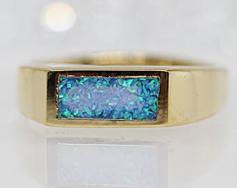 Rectangle Opal Ring, Gold Fire Opal Signet Ring, Blue Opal Signet Ring, Blue Gemstone Ring, Opal Goldfilled Ring, Men Women Gold Signet Ring