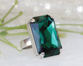 EMERALD SIGNET RING, Art Deco Ring,  Ring, Big Stone Ring,Rectangle Ring,Green Cocktail Ring,Bezel Ring,Adjustable Ring,Bridal Ring