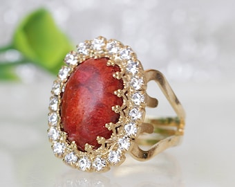 Coral Ring, Natural Orange Coral Stone Ring, gold red Jewelry, Genuine Coral Ring, Vintage Style Ring,  crystals and Gemstone, oval stone