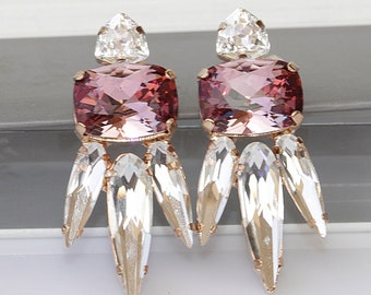 Pendientes de racimo de cristales rosas, joyería nupcial ruborizada
