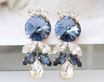 MONTANA BLUE EARRINGS, Formal Jewelry,  Bridal Earrings, Long Stud Earrings, Navy Blue Earrings, Bling Earrings, Mother Of Bride
