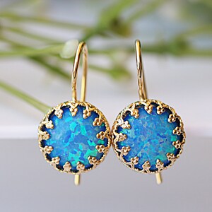 Opal Drop Earrings, Earrings With Opal, Bridal Blue Earrings, Bridesmaid Jewelry Gift, Circle Drop Earrings, Custom Earrings Gold Or Silver