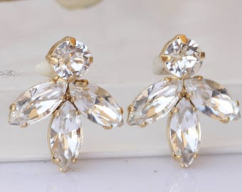 BRIDAL EARRINGS,  Bridal Crystal Earrings, Leaf Wedding Earrings, Clear Crystal Cluster Bride Earrings, Bridesmaids Crystal Studs